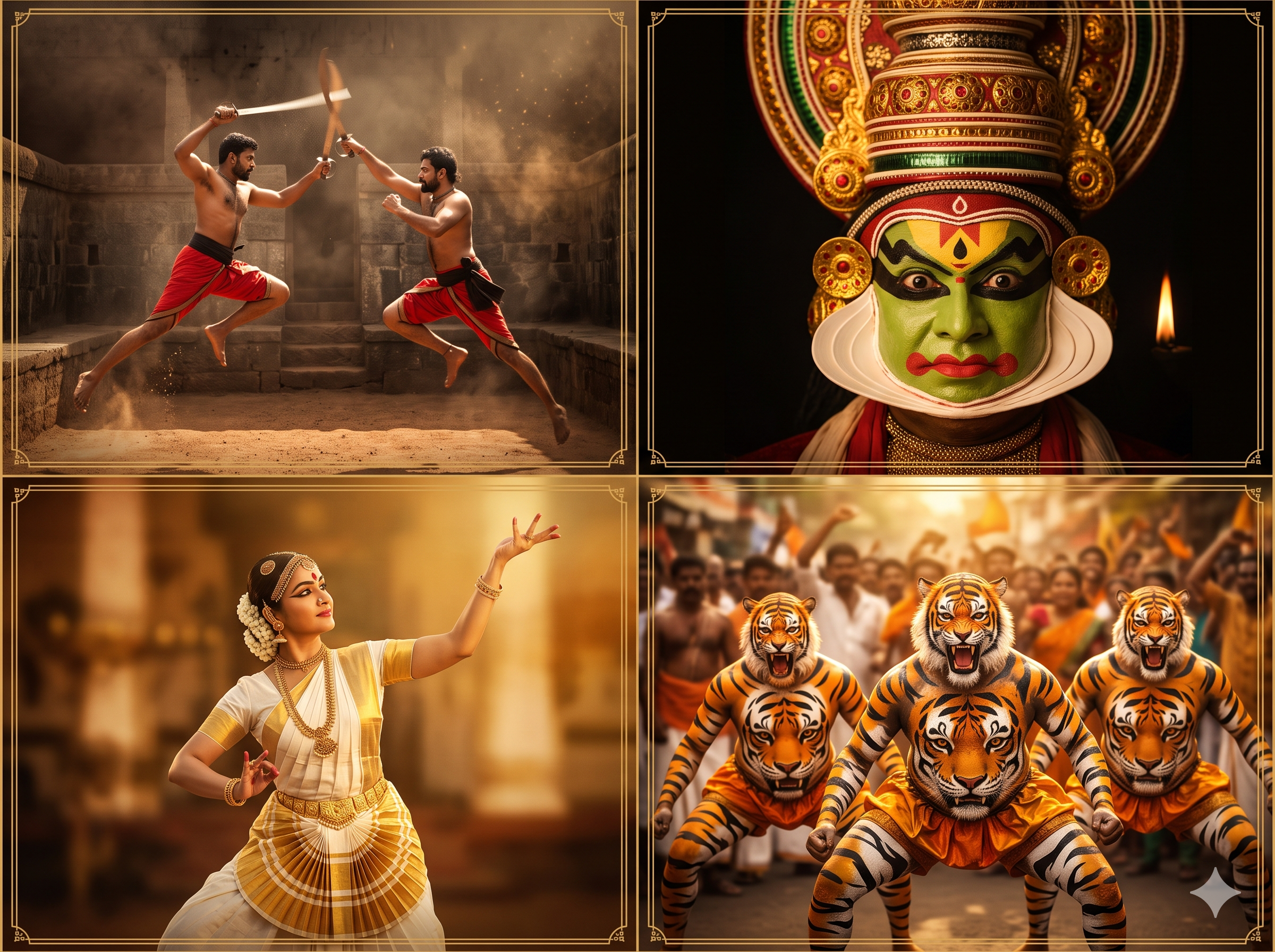 Kerala living arts — Kalaripayattu, Kathakali, Mohiniyattam, Pulikali