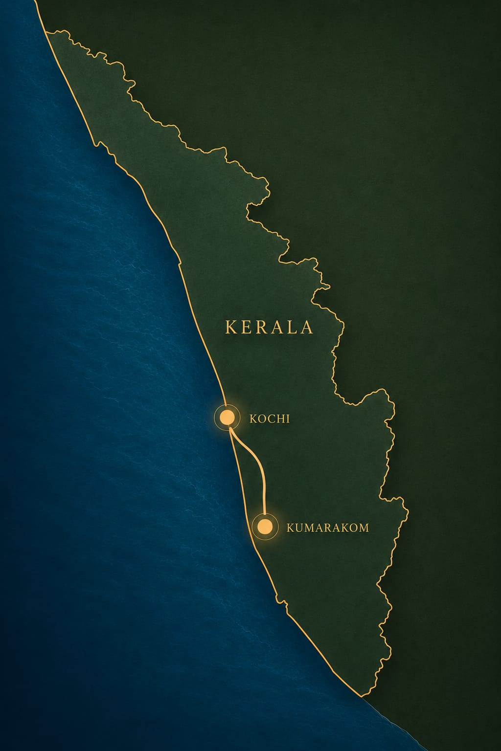 Kerala map showing Kochi and Kumarakom on the Vembanad backwaters
